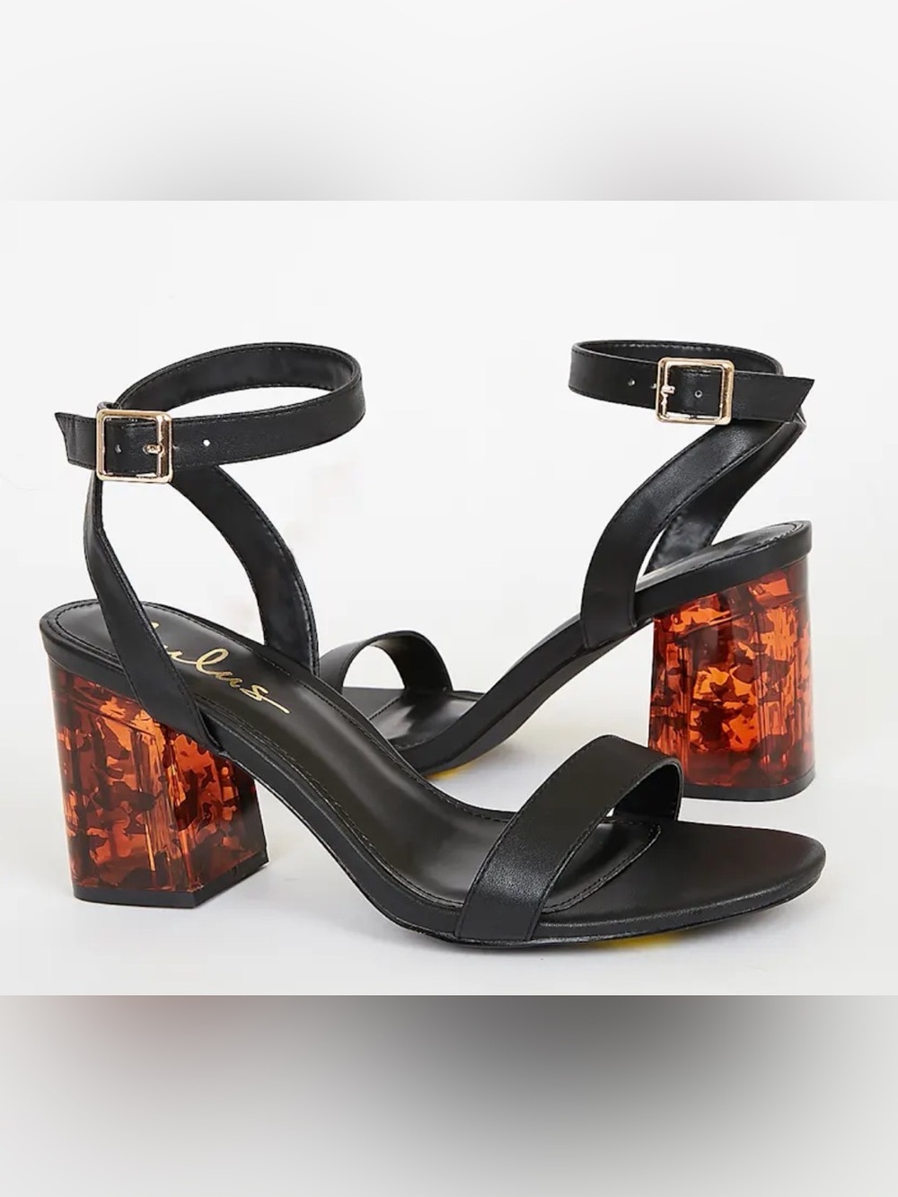 NWOT Lulu's Black Saylee Ankle Strap Sandal Amber Tortoiseshell Block Heel Sz 8